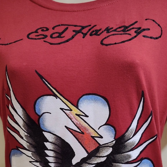 Ed Hardy Red with Eagle Graphics Rhinestone Logo Name Size Large 77 Tattoo Tee - Picture 4 of 7
